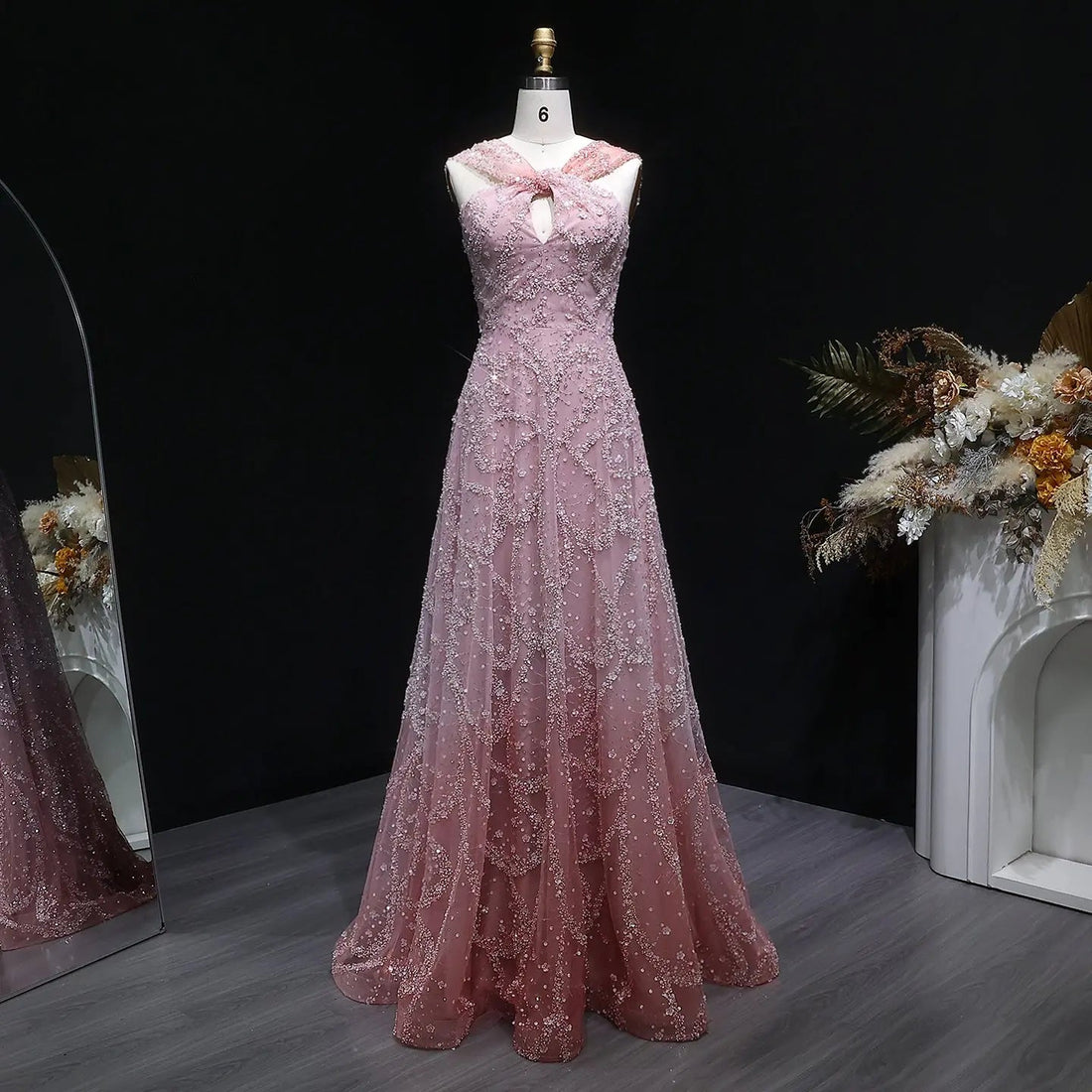 Luxury Gradient Pink Halter Neck Beaded Sequin Evening Dress SS709