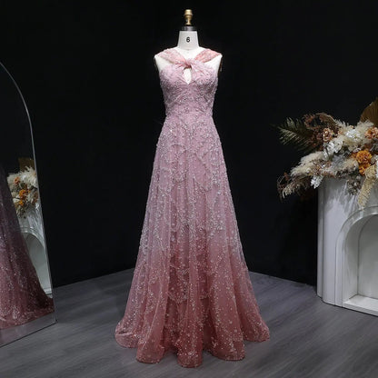 Luxury Gradient Pink Halter Neck Beaded Sequin Evening Dress SS709