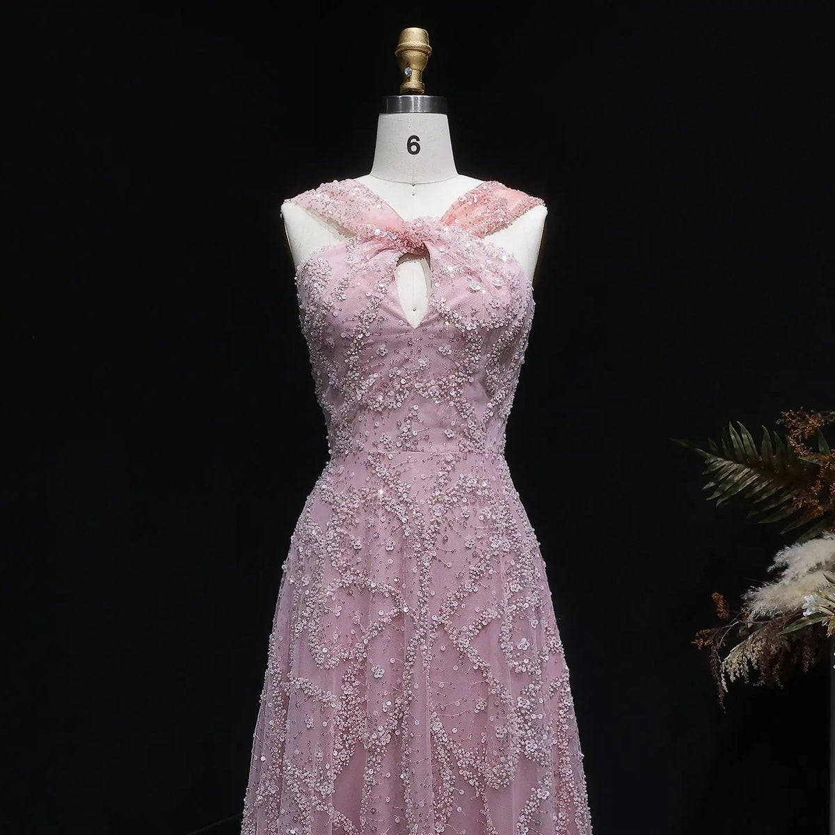 Luxury Gradient Pink Halter Neck Beaded Sequin Evening Dress SS709