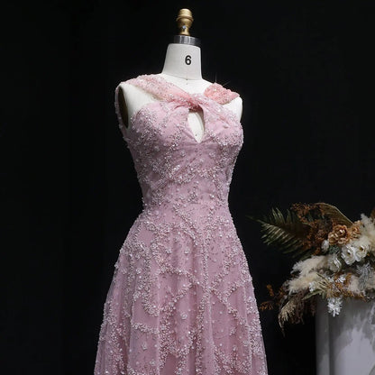 Luxury Gradient Pink Halter Neck Beaded Sequin Evening Dress SS709