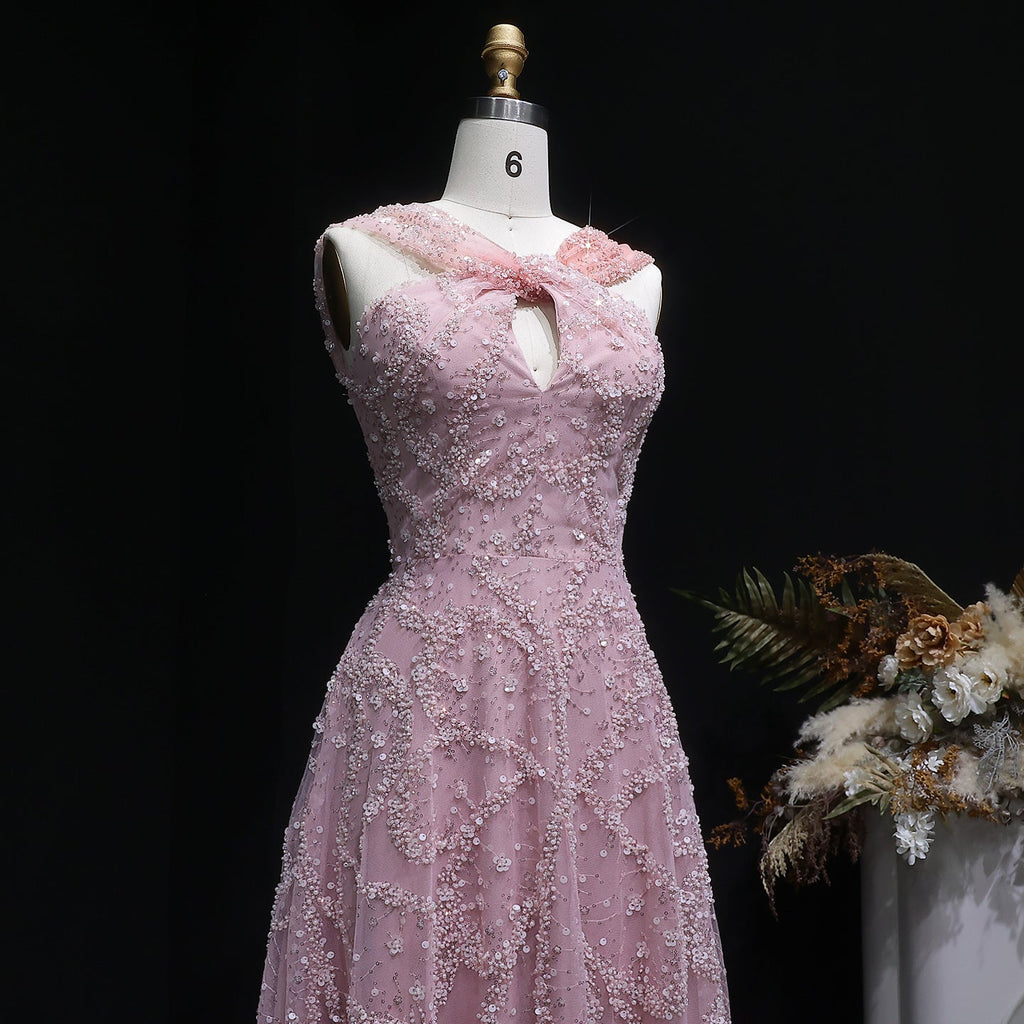 Glamorous Pink Ombre Beaded Sequin Halter Evening Dress SS709