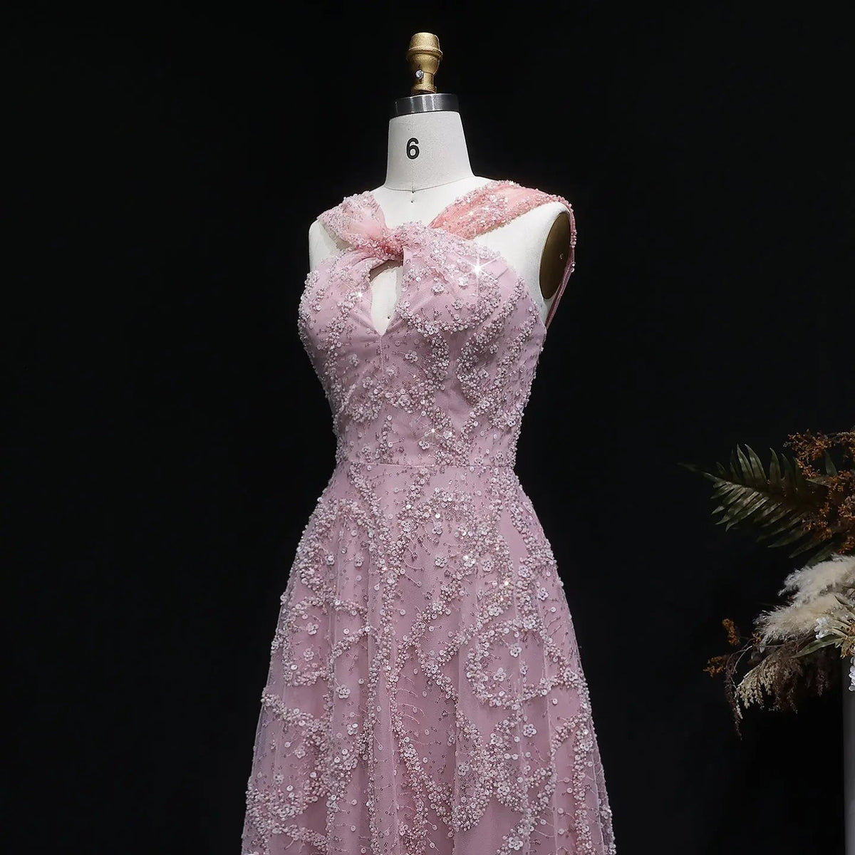 Luxury Gradient Pink Halter Neck Beaded Sequin Evening Dress SS709