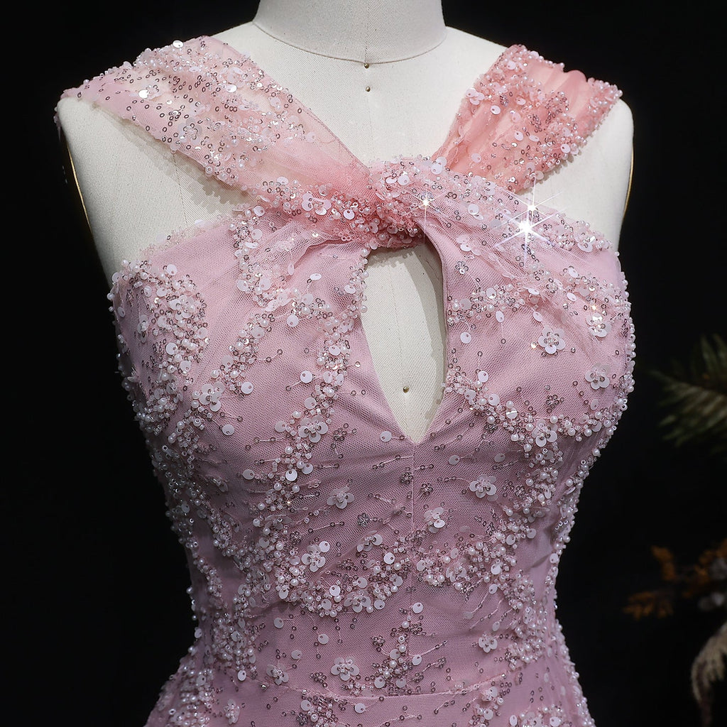 Glamorous Pink Ombre Beaded Sequin Halter Evening Dress SS709