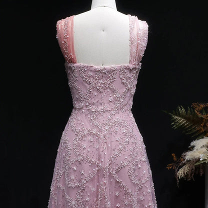Luxury Gradient Pink Halter Neck Beaded Sequin Evening Dress SS709