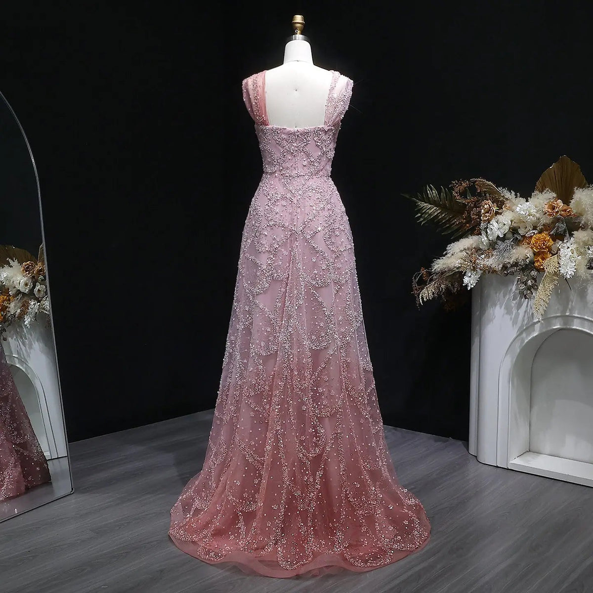 Luxury Gradient Pink Halter Neck Beaded Sequin Evening Dress SS709