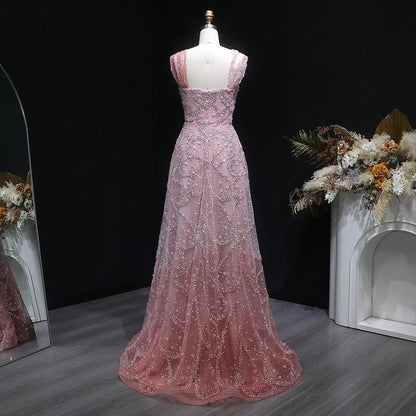 Luxury Gradient Pink Halter Neck Beaded Sequin Evening Dress SS709
