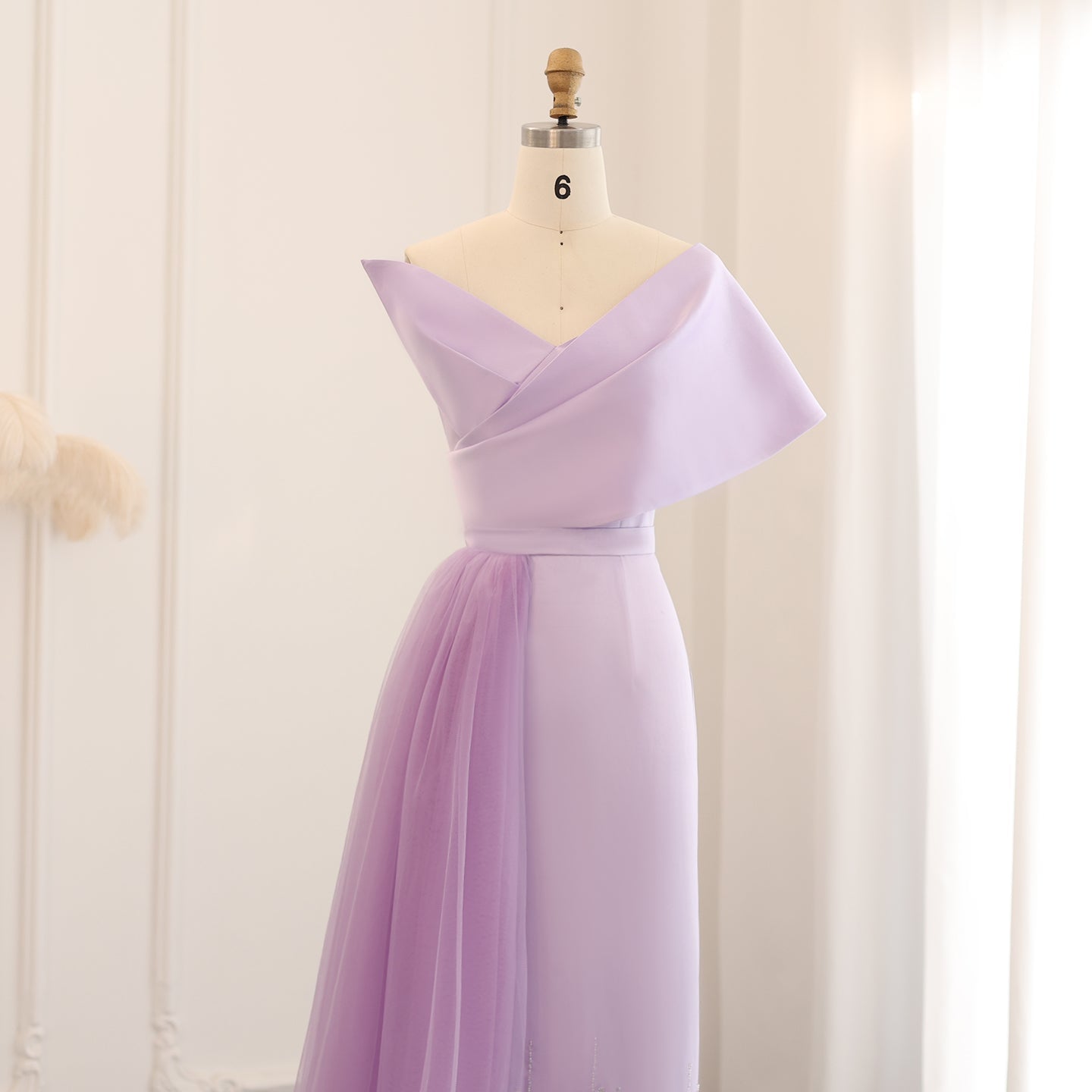 Luxury Beaded Lilac One Shoulder Evening Dress with Overskirt SS405