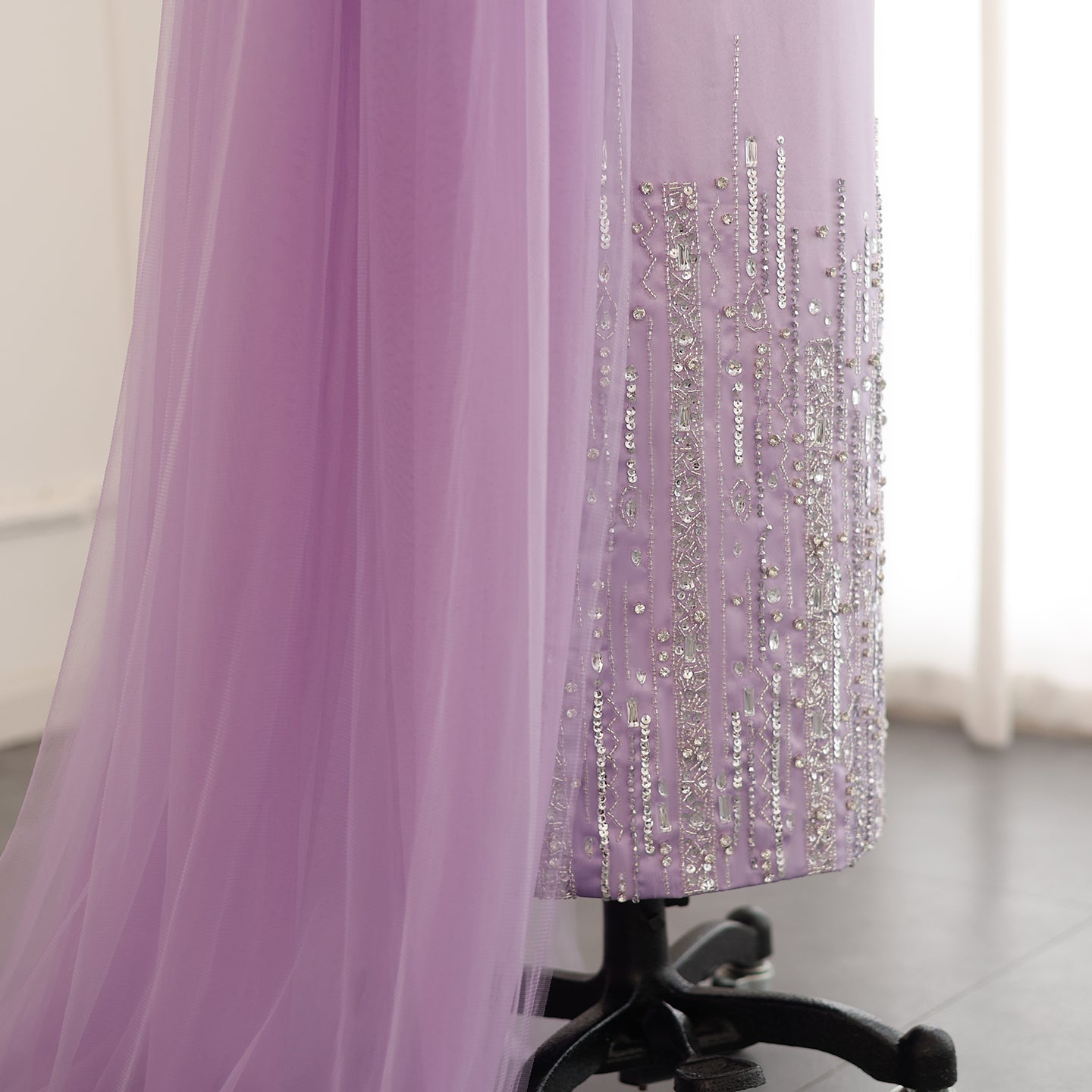 Luxury Beaded Lilac One Shoulder Evening Dress with Overskirt SS405
