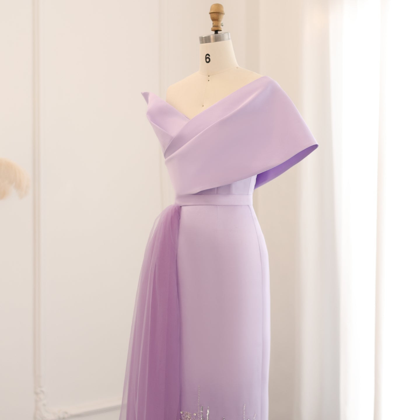 Luxury Beaded Lilac One Shoulder Evening Dress with Overskirt SS405