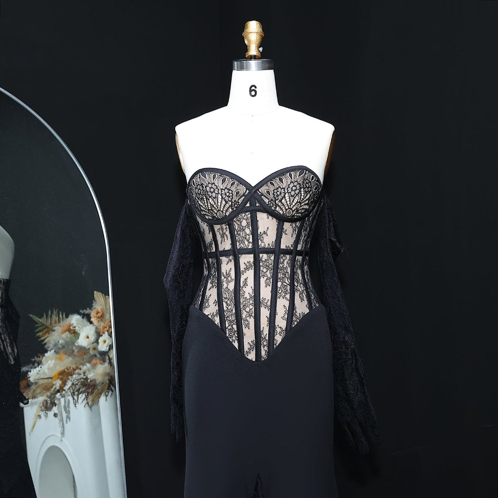 Elegant Lace pattern Strapless Black Evening Dress with Gloves and Slit SF201