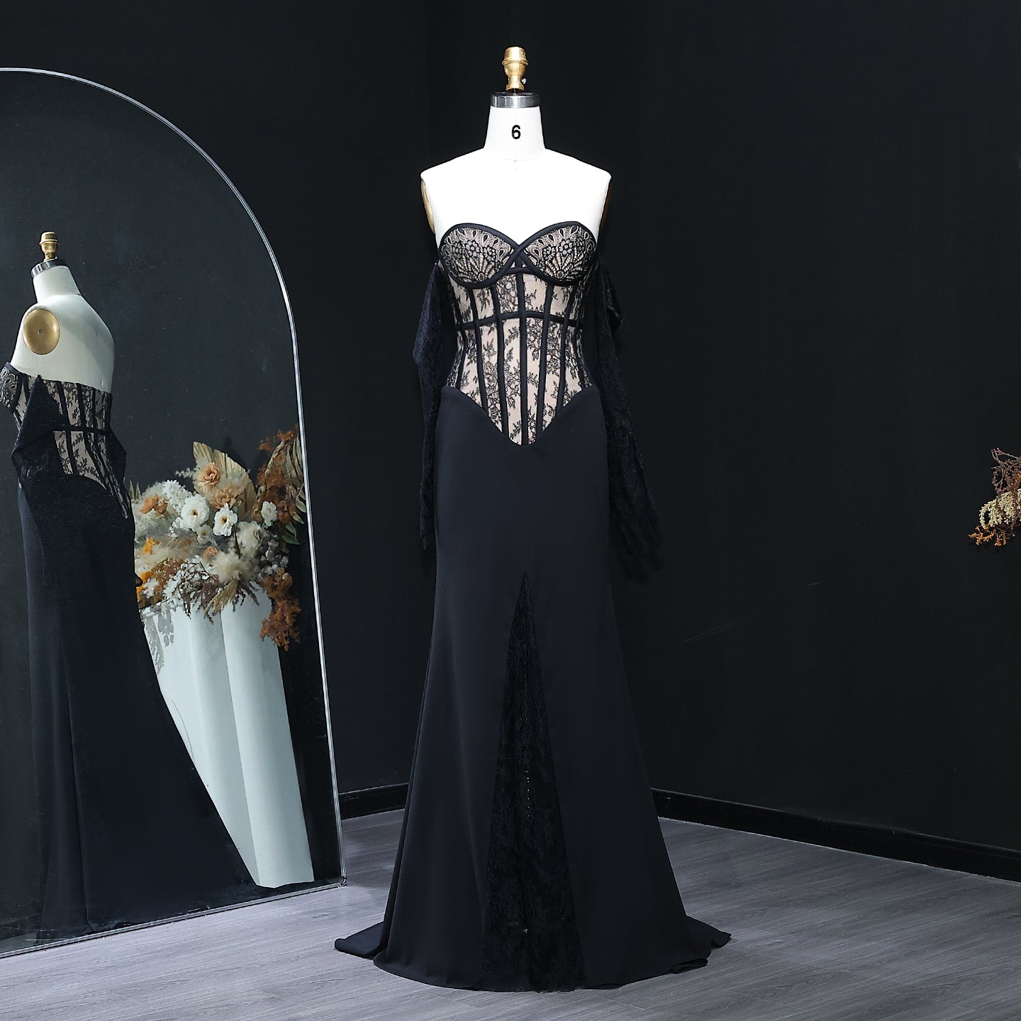 Elegant Lace pattern Strapless Black Evening Dress with Gloves and Slit SF201