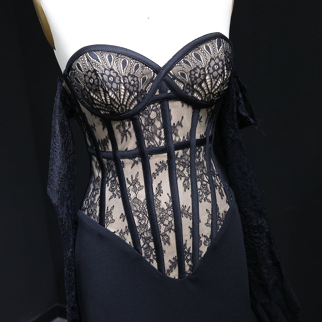Elegant Lace pattern Strapless Black Evening Dress with Gloves and Slit SF201
