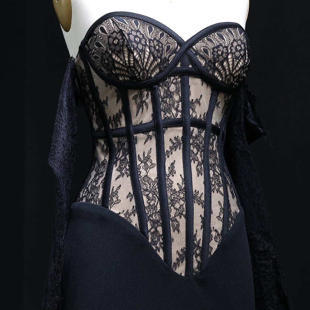 Elegant Lace pattern Strapless Black Evening Dress with Gloves and Slit SF201