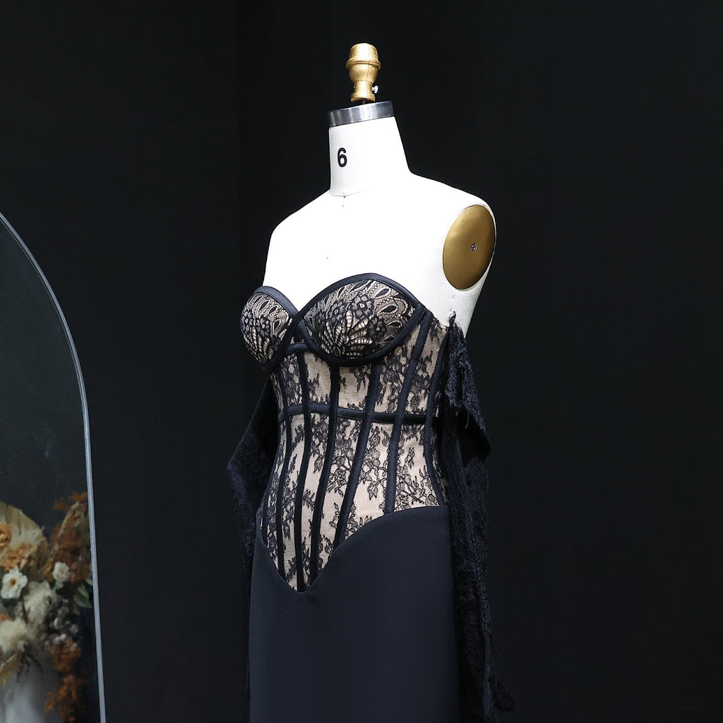 Elegant Lace pattern Strapless Black Evening Dress with Gloves and Slit SF201