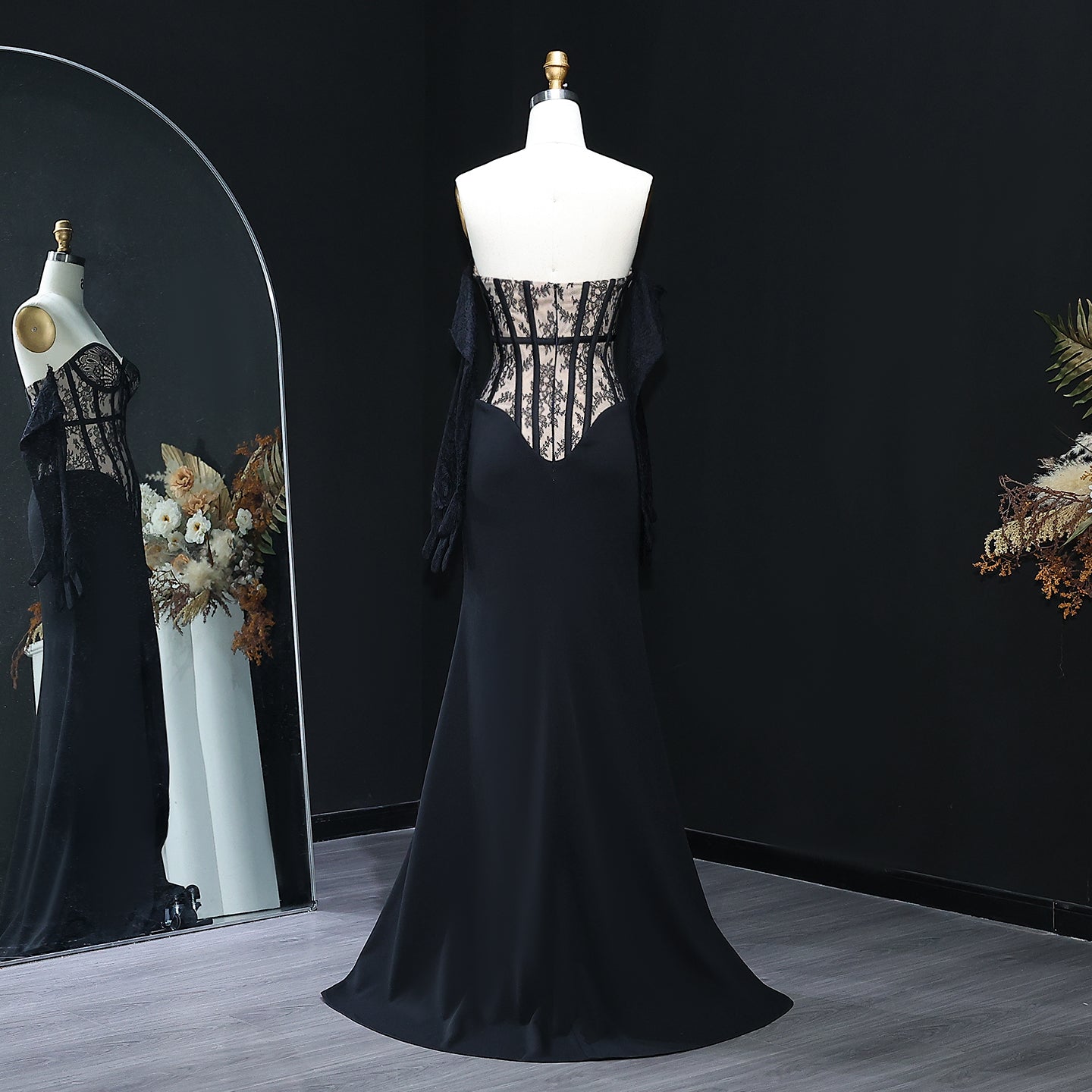 Elegant Lace pattern Strapless Black Evening Dress with Gloves and Slit SF201