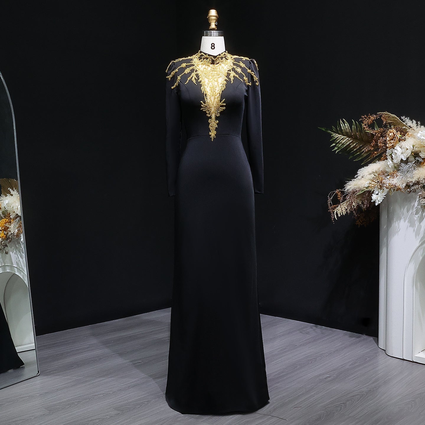 Elegant Black Long Sleeves Evening Dresses with Gold Beaded SS217