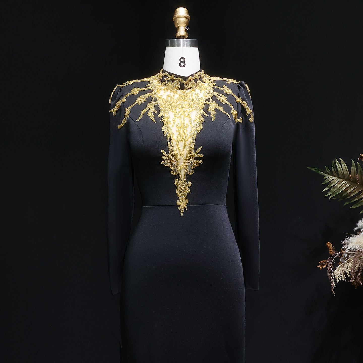 Elegant Black Long Sleeves Evening Dresses with Gold Beaded SS217