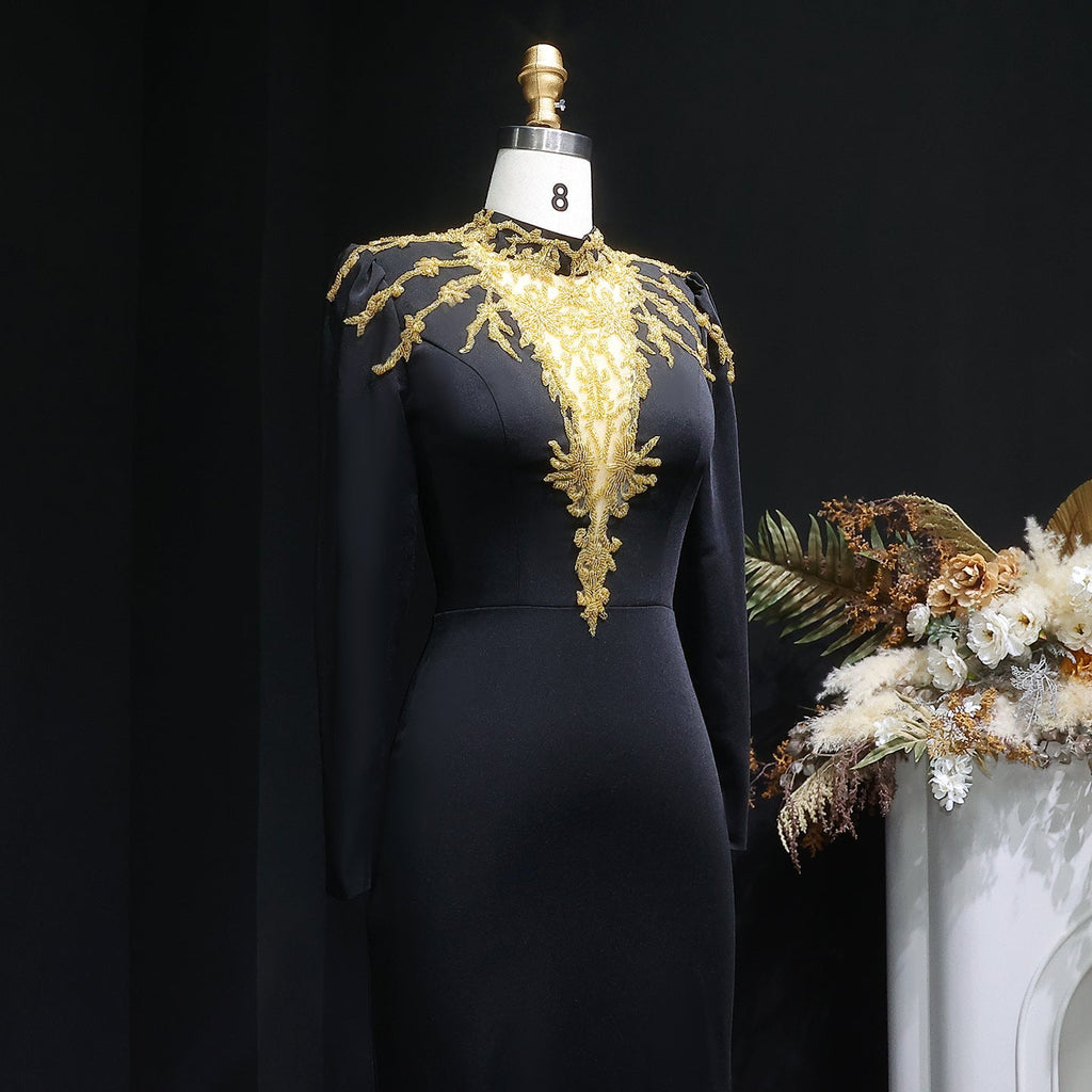 Elegant Black Long Sleeves Evening Dresses with Gold Beaded SS217