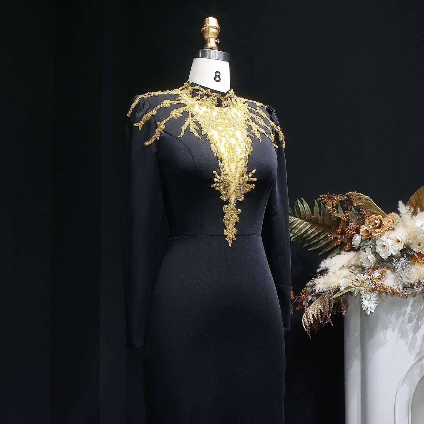 Elegant Black Long Sleeves Evening Dresses with Gold Beaded SS217