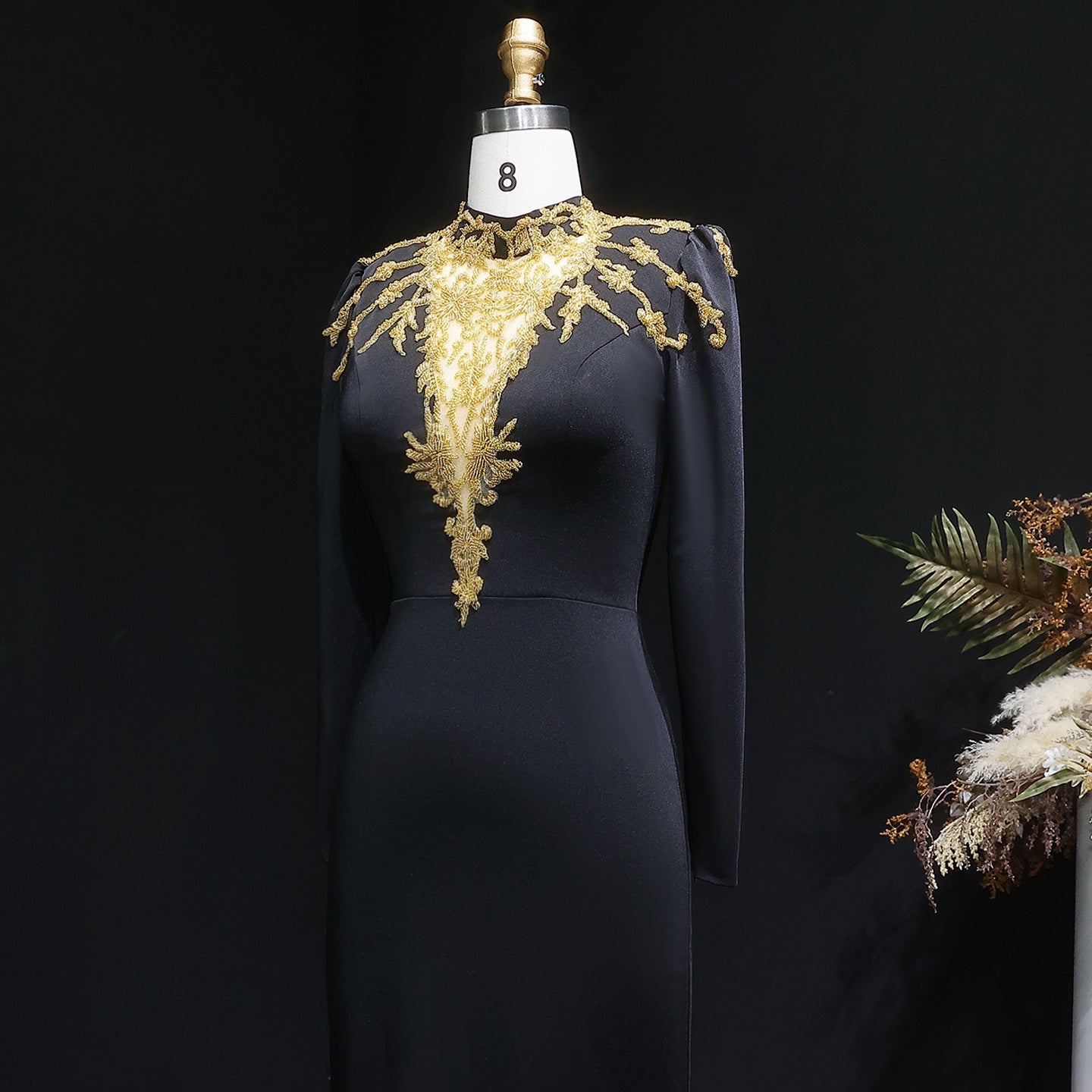 Elegant Black Long Sleeves Evening Dresses with Gold Beaded SS217
