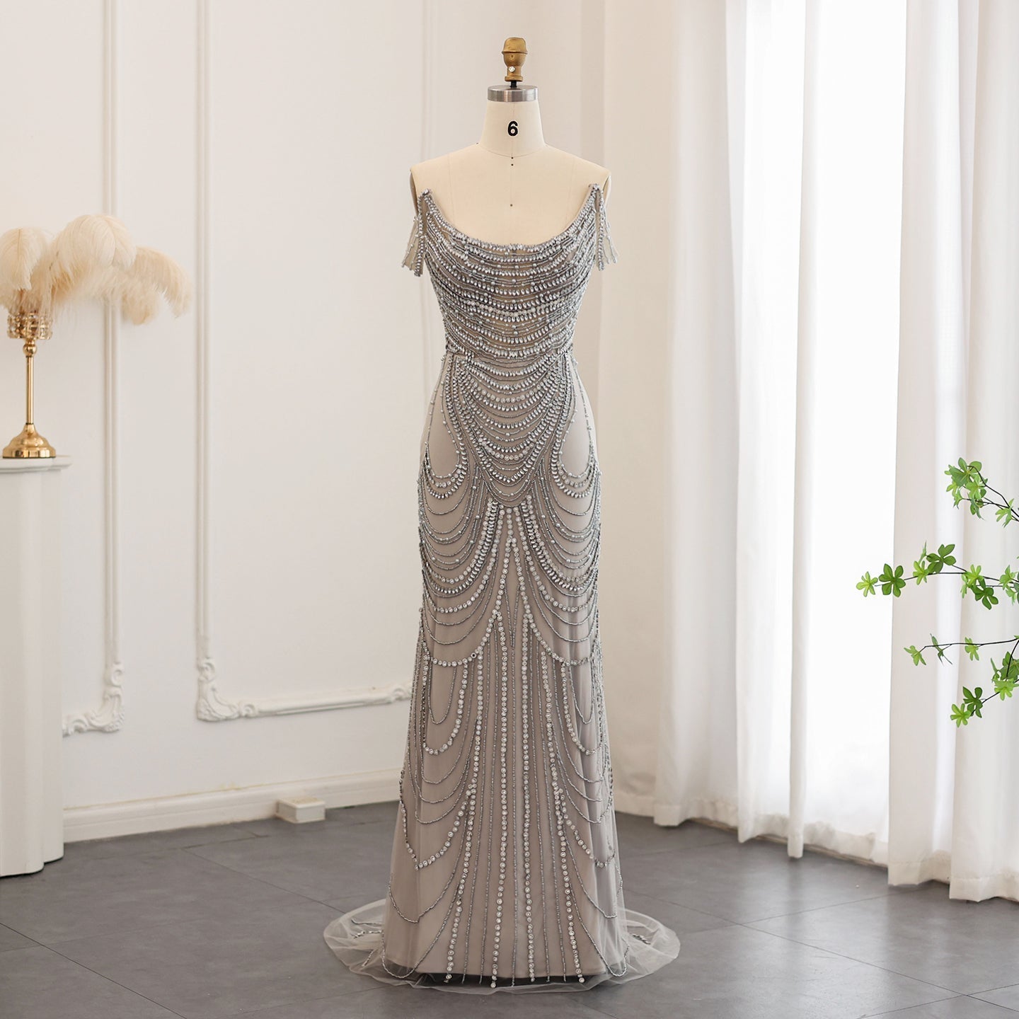 Luxury Crystal Silver Gray Mermaid Evening Dresses SS403
