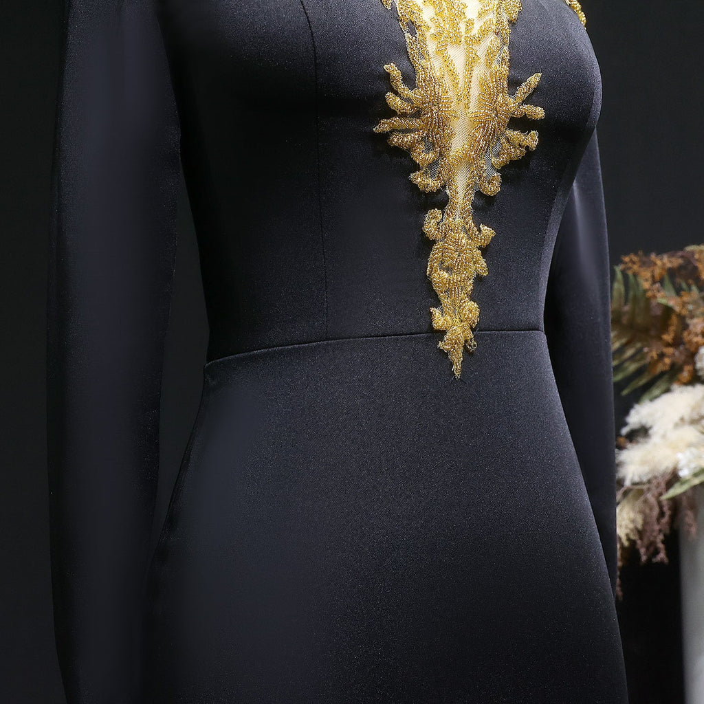 Elegant Black Long Sleeves Evening Dresses with Gold Beaded SS217