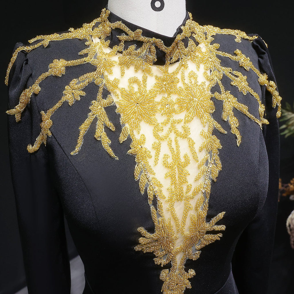Elegant Black Long Sleeves Evening Dresses with Gold Beaded SS217