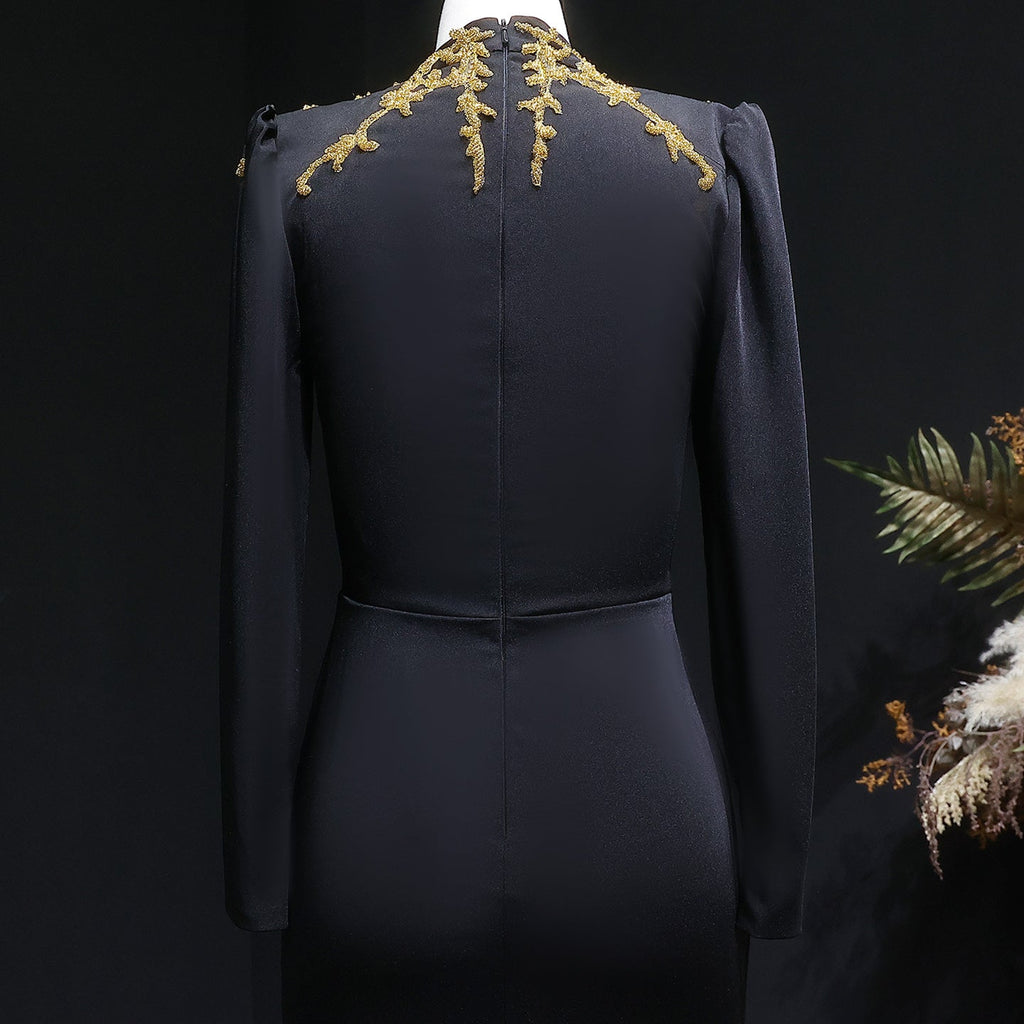 Elegant Black Long Sleeves Evening Dresses with Gold Beaded SS217