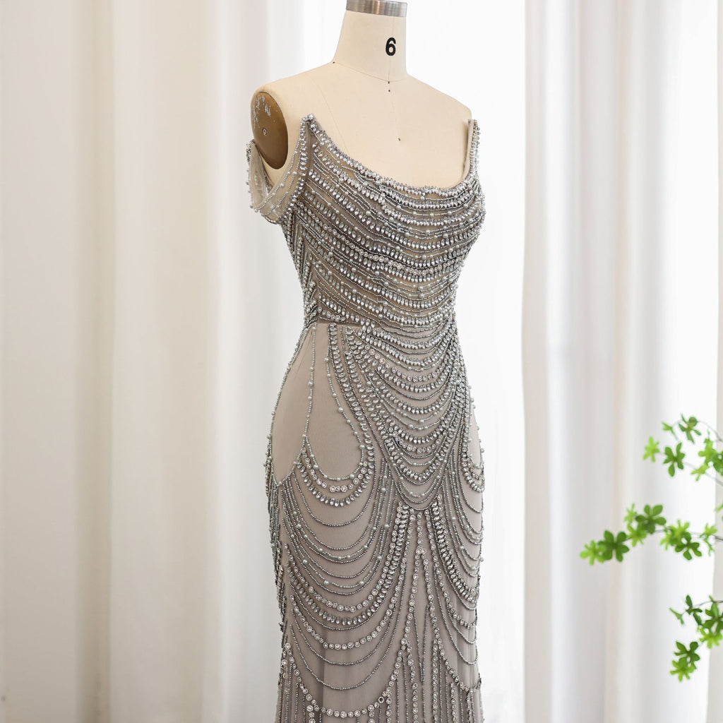 Luxury Crystal Silver Gray Mermaid Evening Dresses SS403