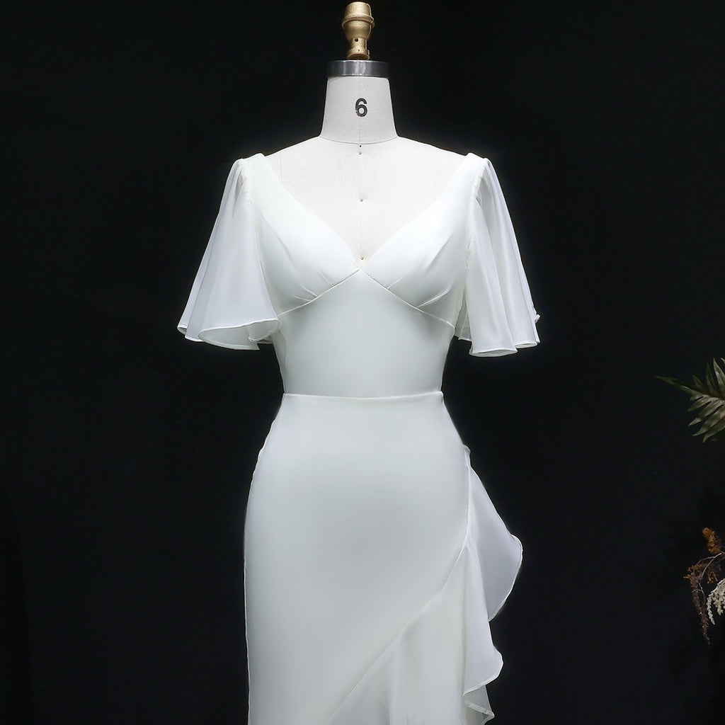 Elegant Ivory V-Neck Short Sleeve Ruffled Mermaid Evening Dress SF003