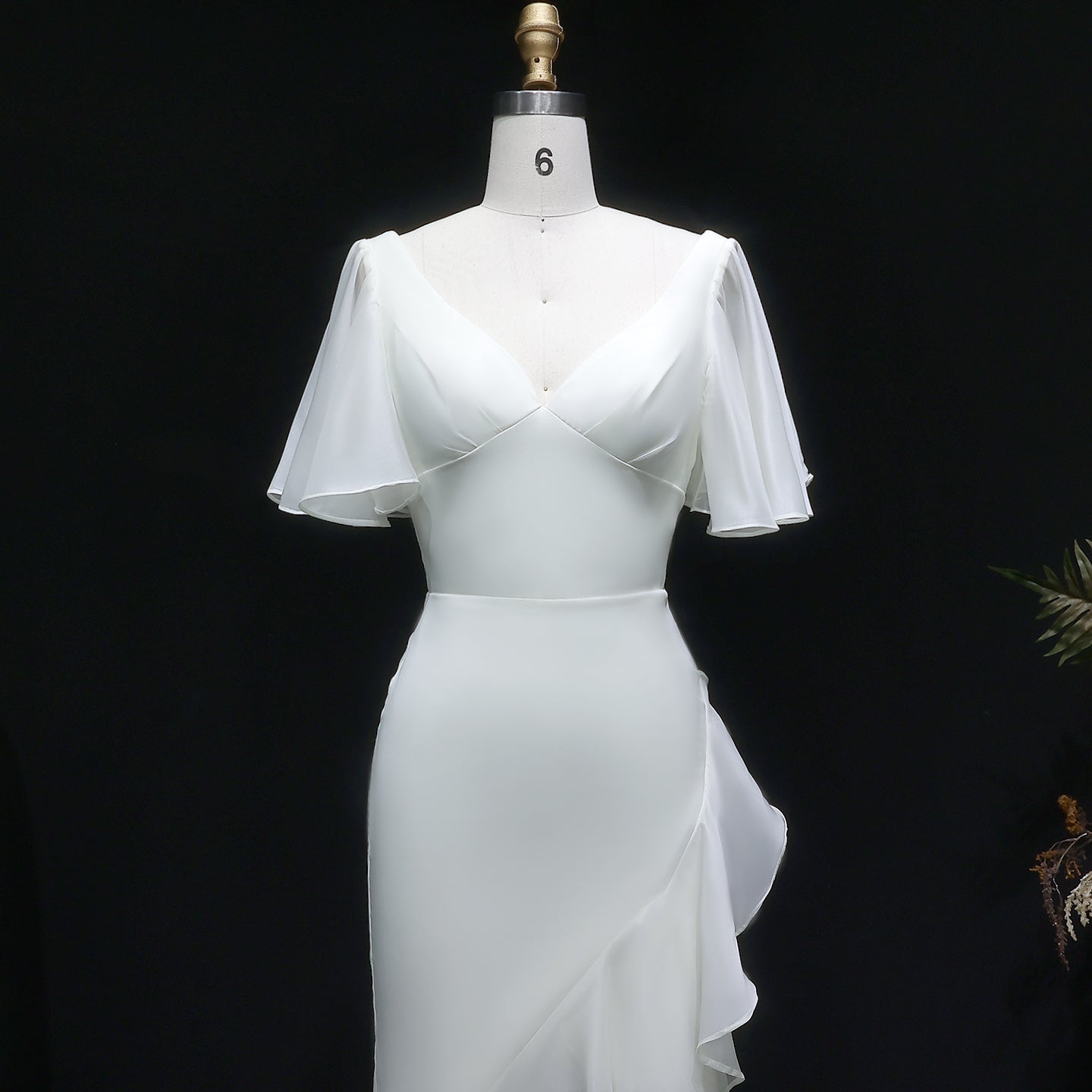 Elegant Ivory V-Neck Short Sleeve Ruffled Mermaid Evening Dress SF003