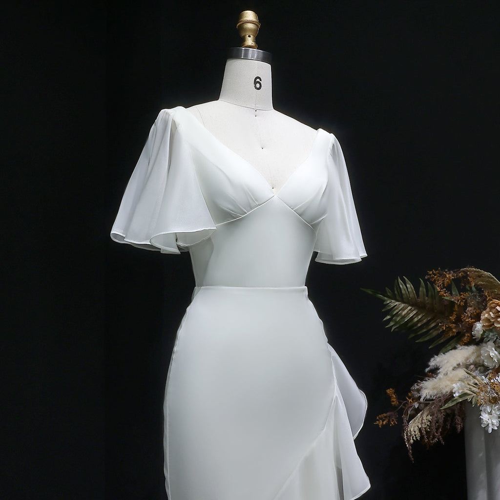 Elegant Ivory V-Neck Short Sleeve Ruffled Mermaid Evening Dress SF003