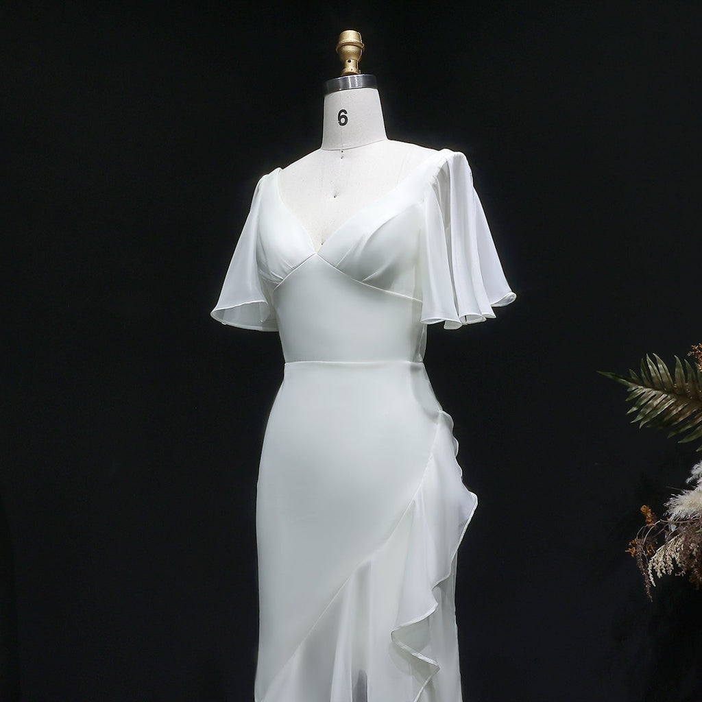 Elegant Ivory V-Neck Short Sleeve Ruffled Mermaid Evening Dress SF003