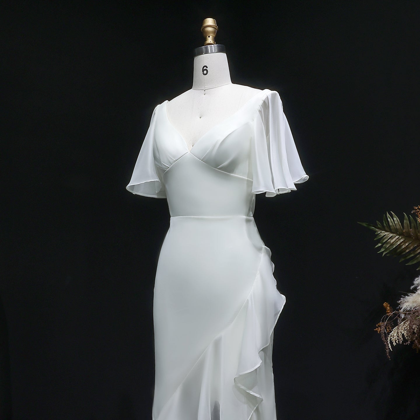 Elegant Ivory V-Neck Short Sleeve Ruffled Mermaid Evening Dress SF003