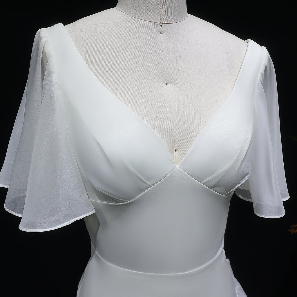 Elegant Ivory V-Neck Short Sleeve Ruffled Mermaid Evening Dress SF003