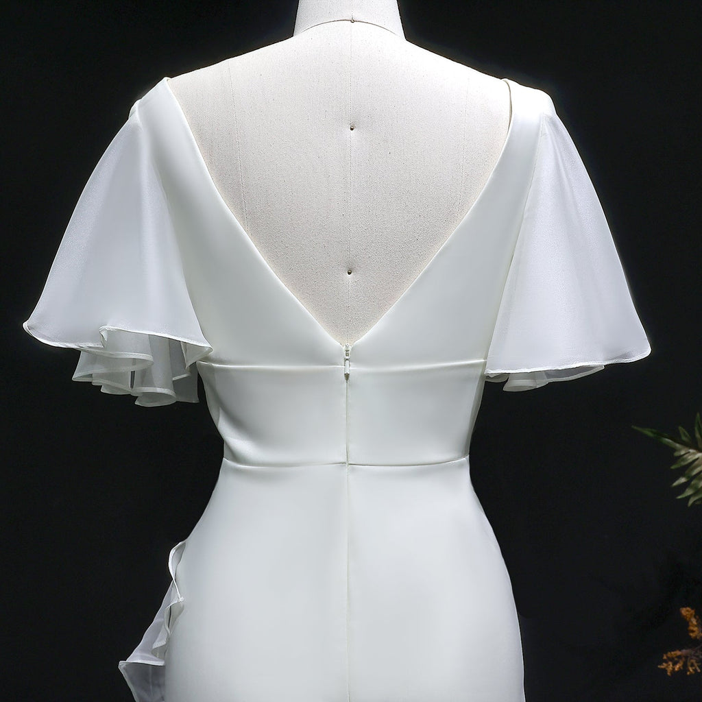 Elegant Ivory V-Neck Short Sleeve Ruffled Mermaid Evening Dress SF003