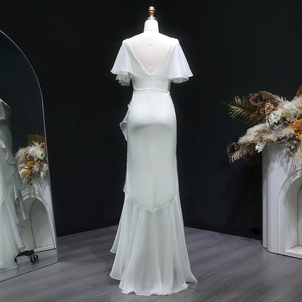 Elegant Ivory V-Neck Short Sleeve Ruffled Mermaid Evening Dress SF003