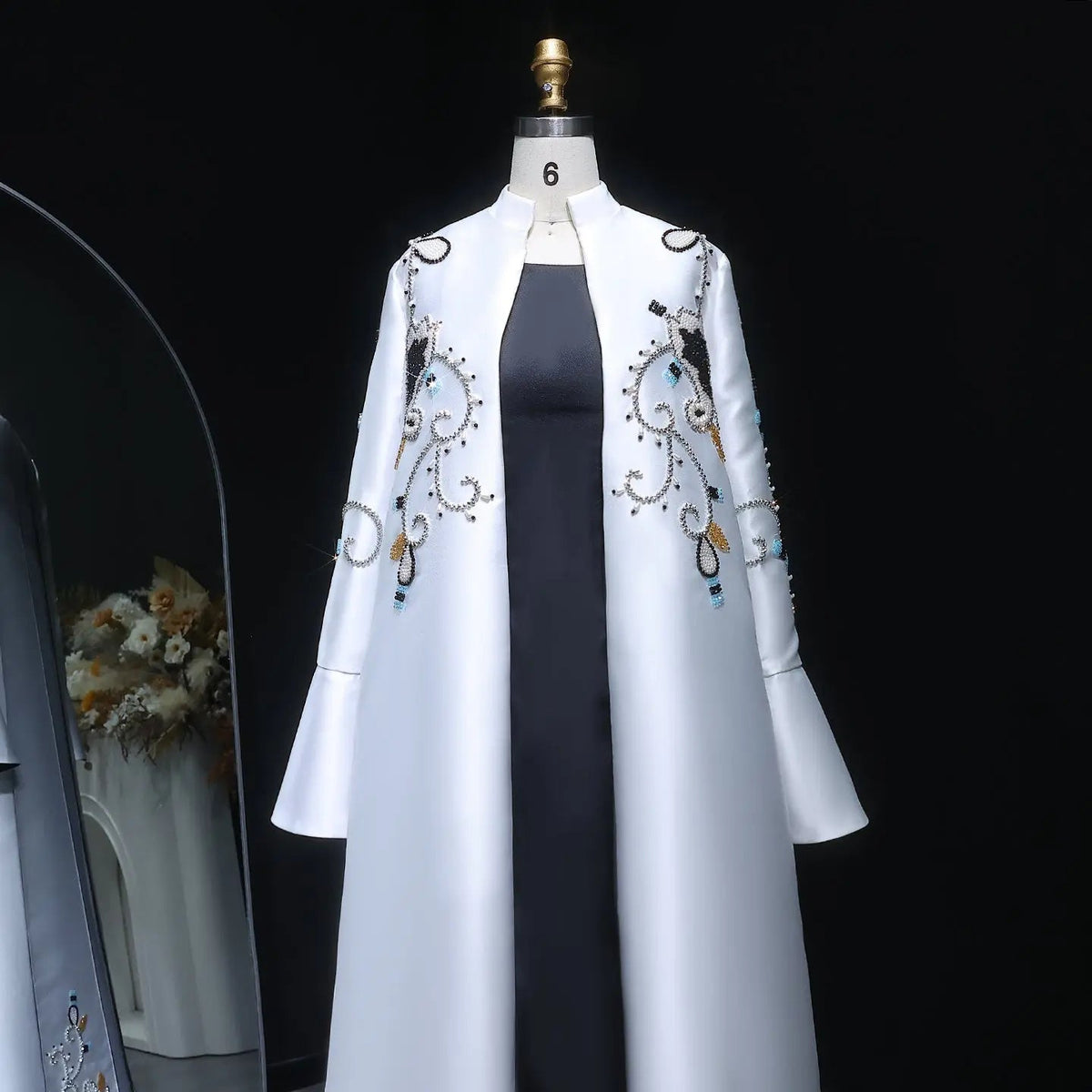 Elegant Black White Mandarin-Collar Pearl Embroidered Evening Dress XD028