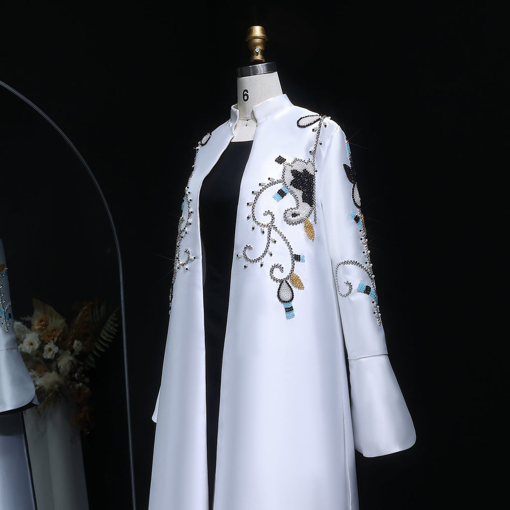 Black White Elegant Mandarin-Collar Pearl Embroidered Evening Dress XD028
