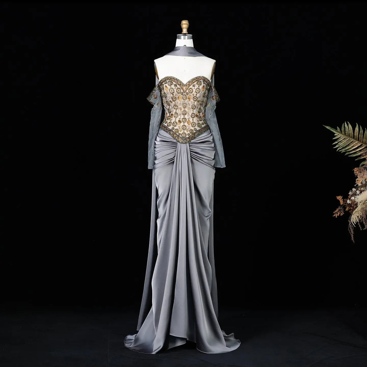 Luxury Gray Embellished Cape Fitted Evening Dress with Scarf SS564