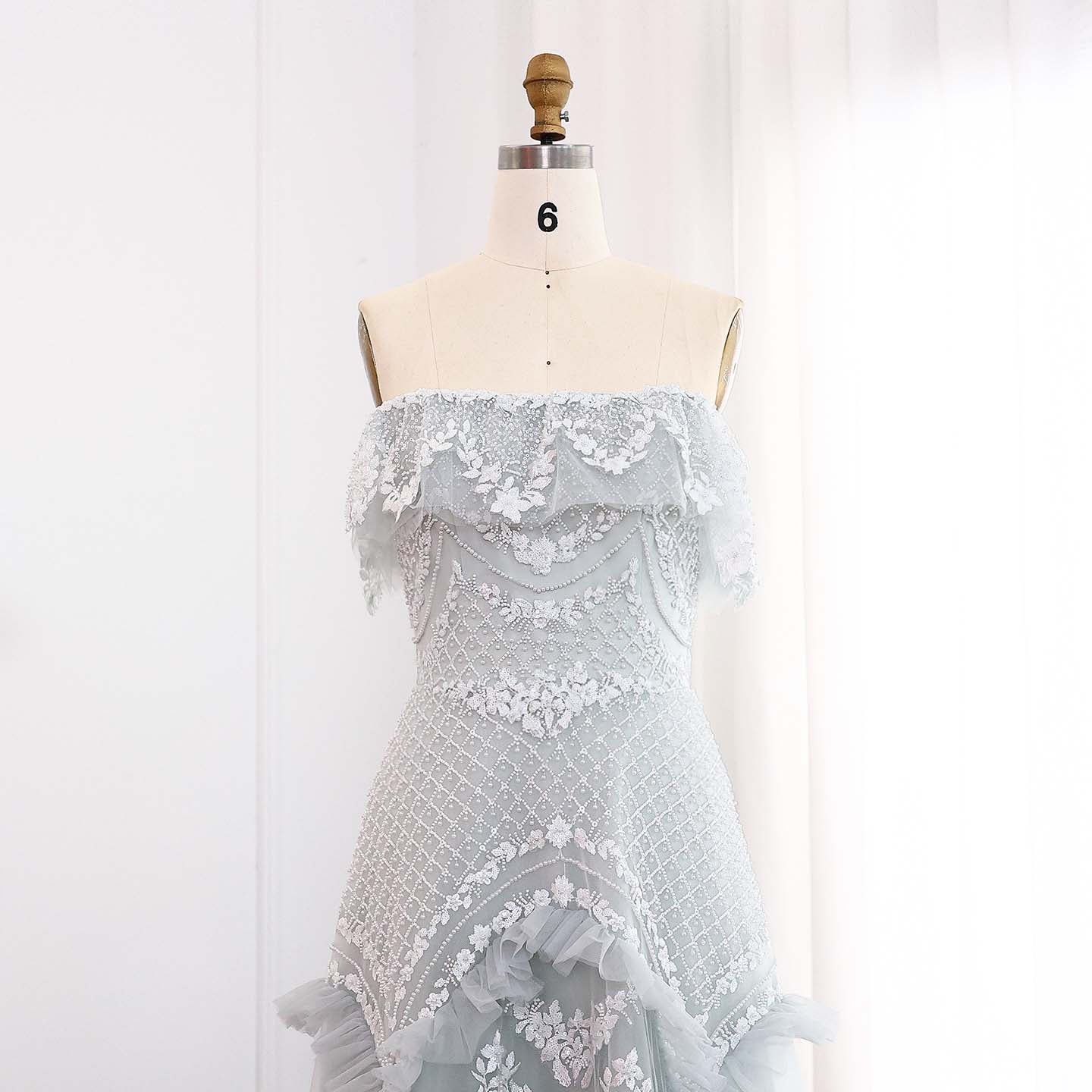 Luxury Pearls Silver Gray Off Shoulder A-Line Evening Dress SS485