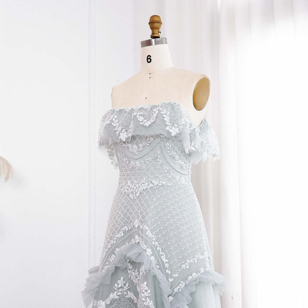 Luxury Pearls Silver Gray Off Shoulder A-Line Evening Dress SS485