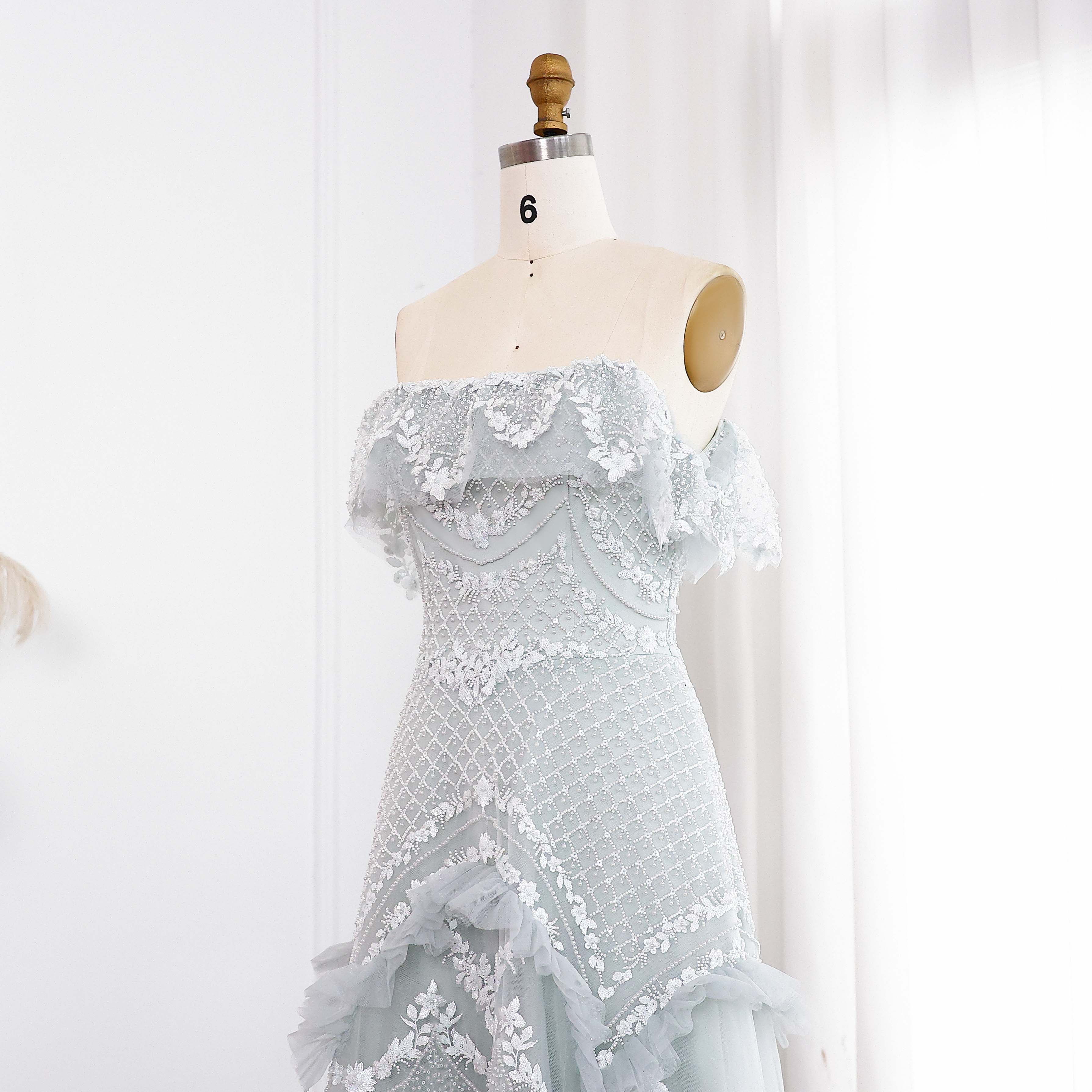 Luxury Pearls Silver Gray Off Shoulder A-Line Evening Dress SS485