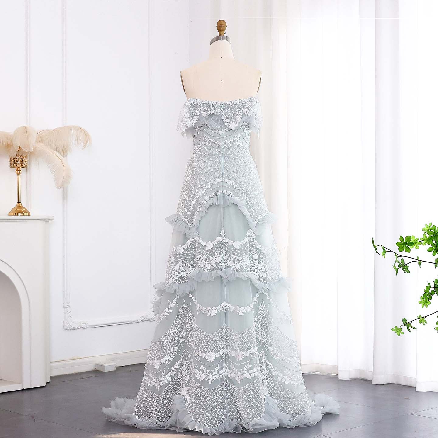 Luxury Pearls Silver Gray Off Shoulder A-Line Evening Dress SS485