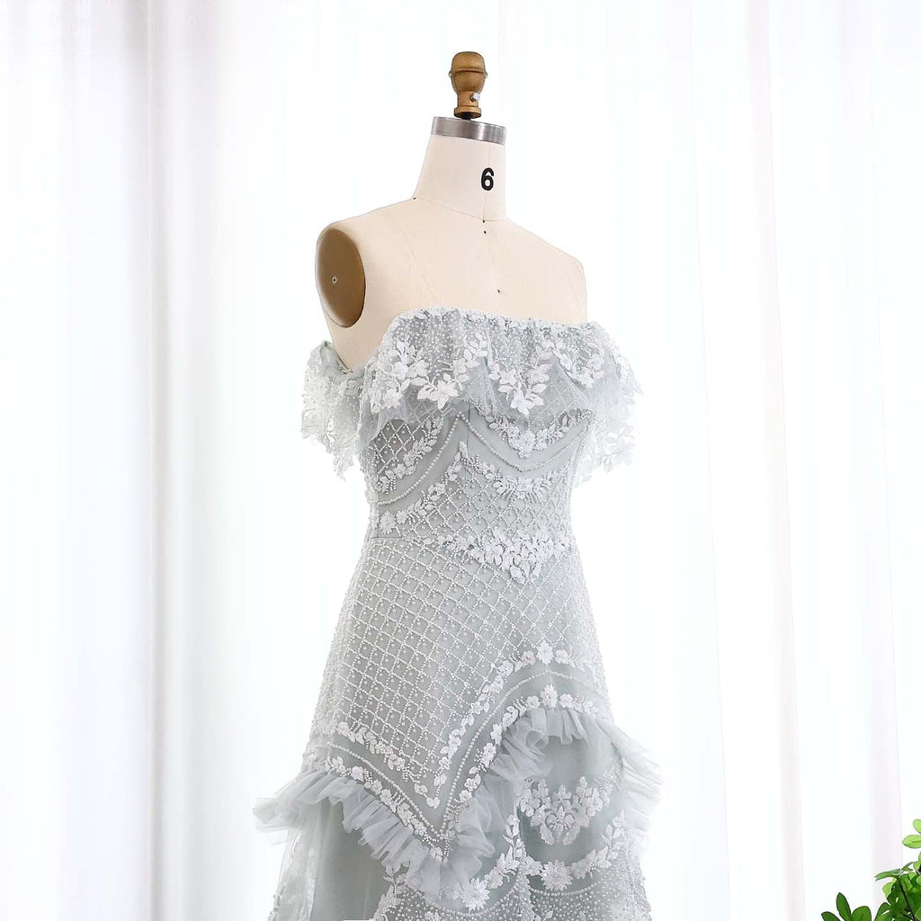 Luxury Pearls Silver Gray Off Shoulder A-Line Evening Dress SS485
