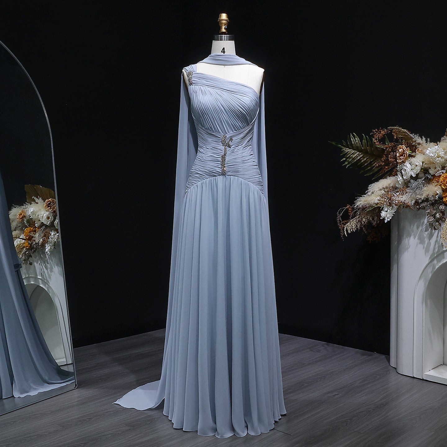 Elegant Gray Blue Beaded Ruched Chiffon Evening Dress with Capelet SF235A