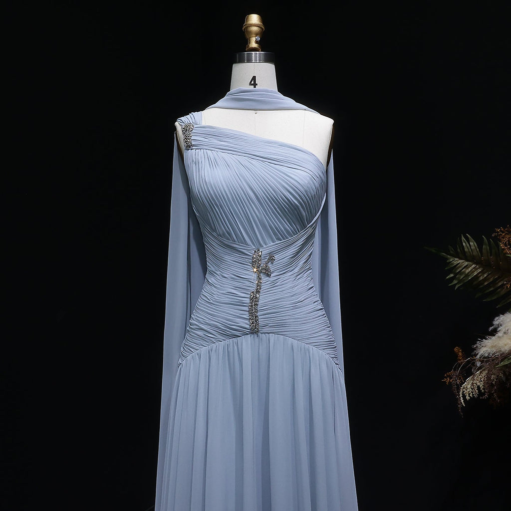 Elegant Gray Blue Beaded Ruched Chiffon Evening Dress with Capelet SF235A