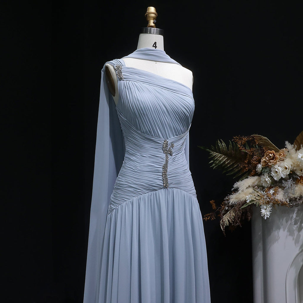 Elegant Gray Blue Beaded Ruched Chiffon Evening Dress with Capelet SF235A