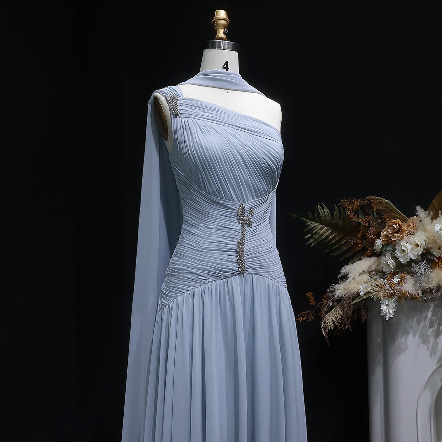 Elegant Gray Blue Beaded Ruched Chiffon Evening Dress with Capelet SF235A