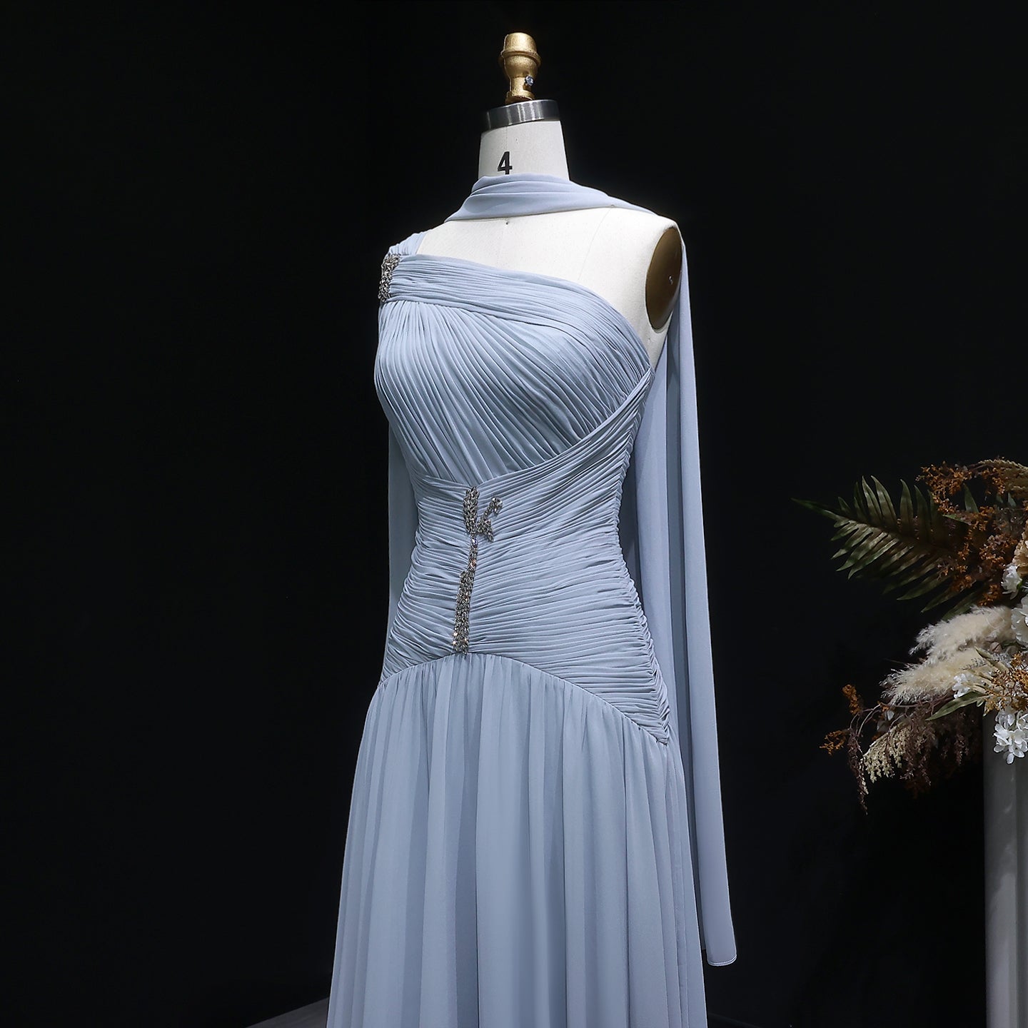 Elegant Gray Blue Beaded Ruched Chiffon Evening Dress with Capelet SF235A